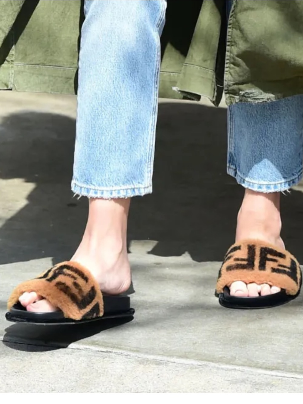Fendi Brown Shearling FF Logo Slide Sandals with Black Footbed